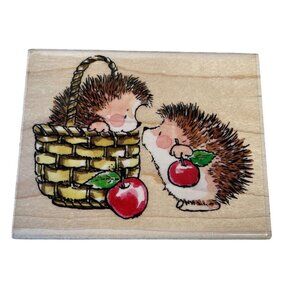 Hedgehog Rubber Stamp With Basket & Apples Wood Mounted Craft Tool